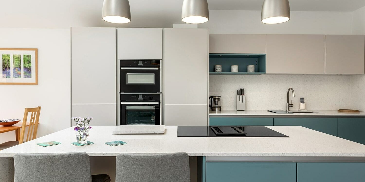 Ebstone - White Handleless Kitchen with Blue accents